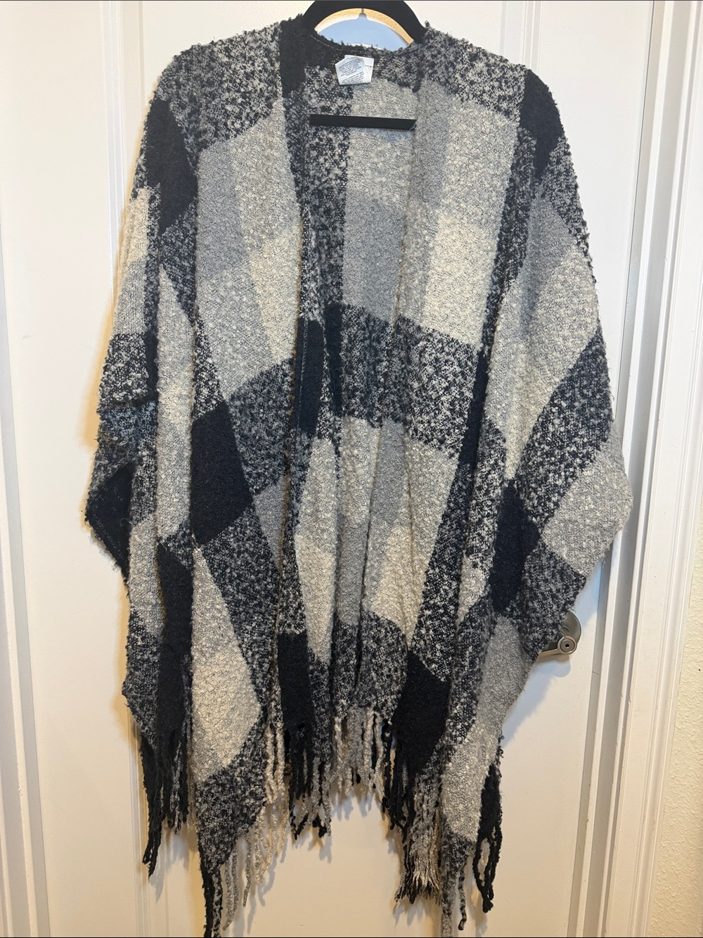 Woolrich Black and Gray Plaid Fringed Knit Cape